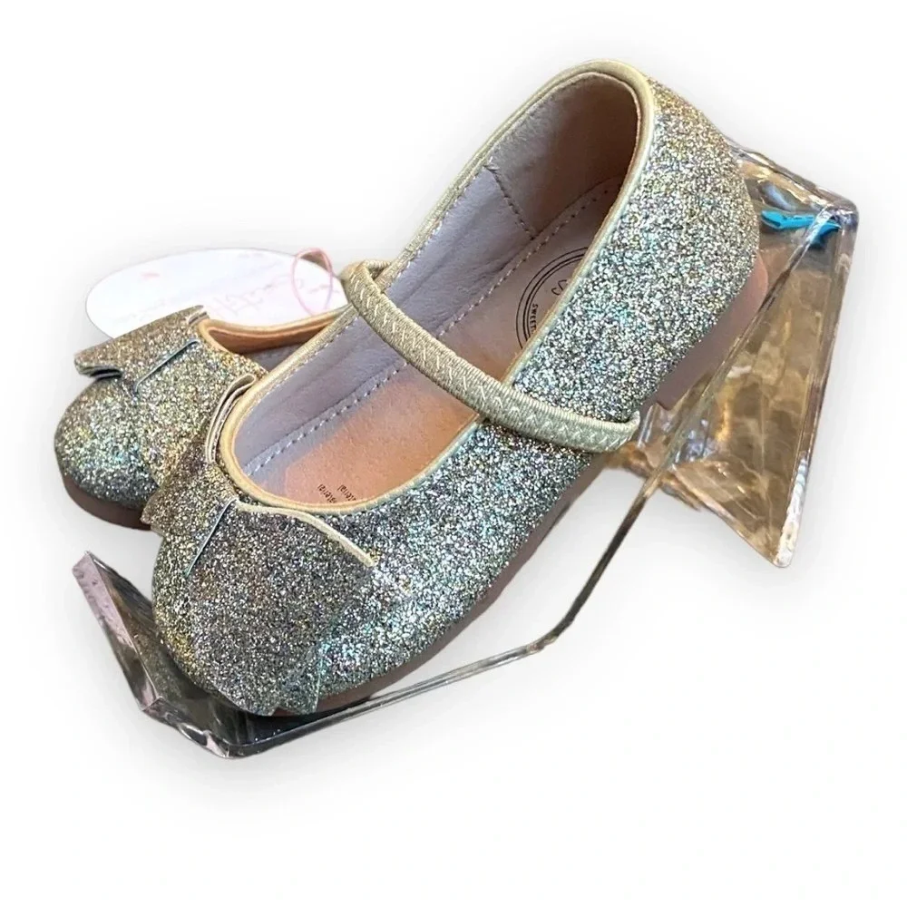 SweetHoney Girls Gold‎ Glitter Bow Mary Jane Dress Shoes Size 5 NEW